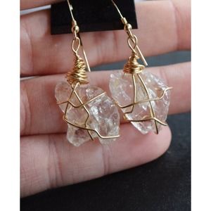 Large Dangle Earrings, Large Raw Diamonds, Gold Wire Wrapped Earrings